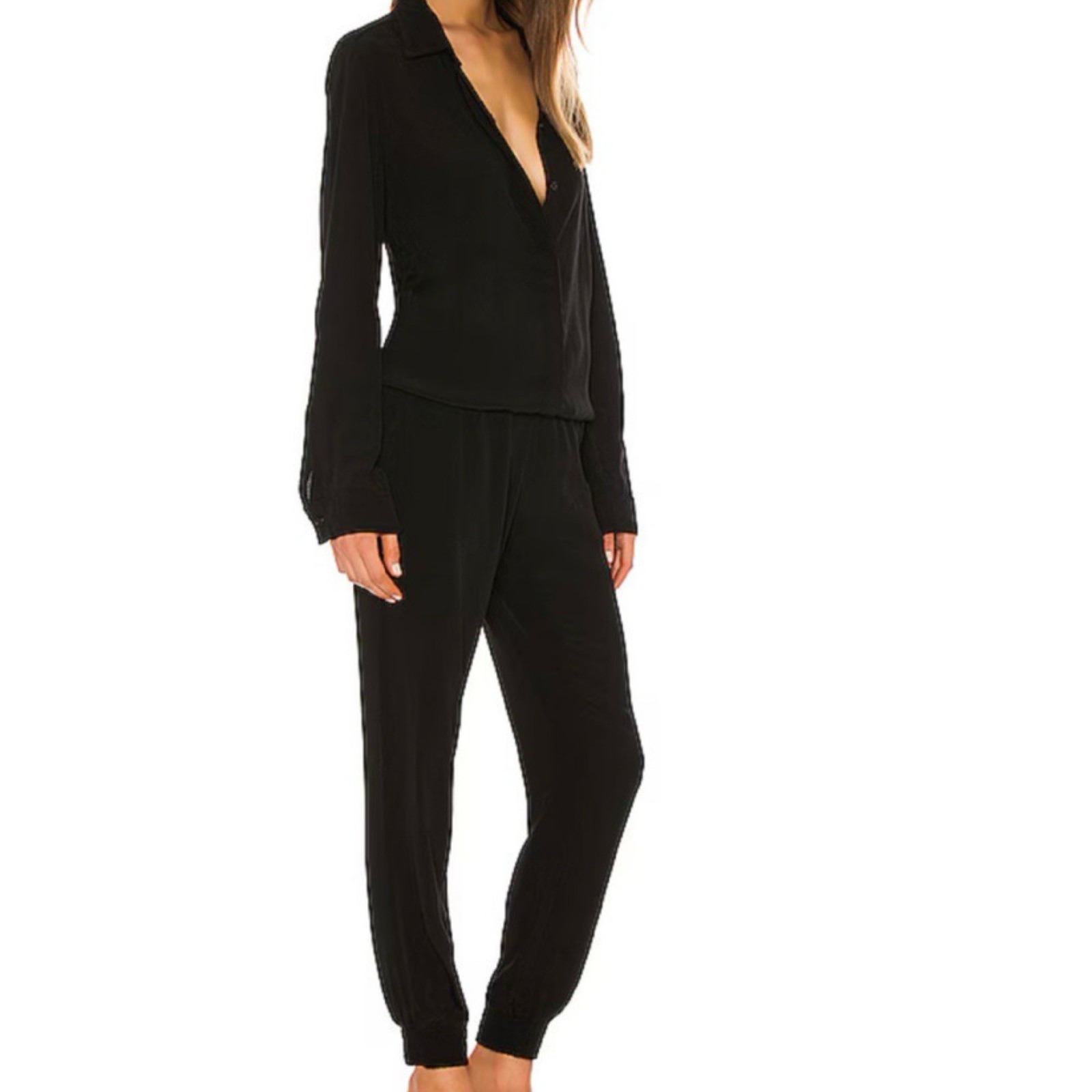 Monrow Black Loose Fit Button Front Jumpsuit Sz Xs Goth Pretty Resort Vacation